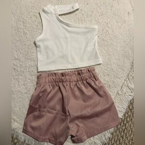 Toddler Girls White Ribbed One-Shoulder Top and Pink Satin Shorts Set